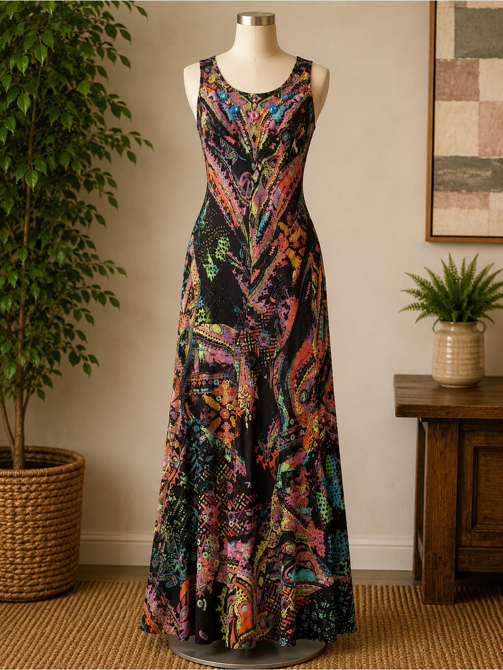 Fuzzi xs Sleeveless Black Multi-Color Paisley Maxi Dress